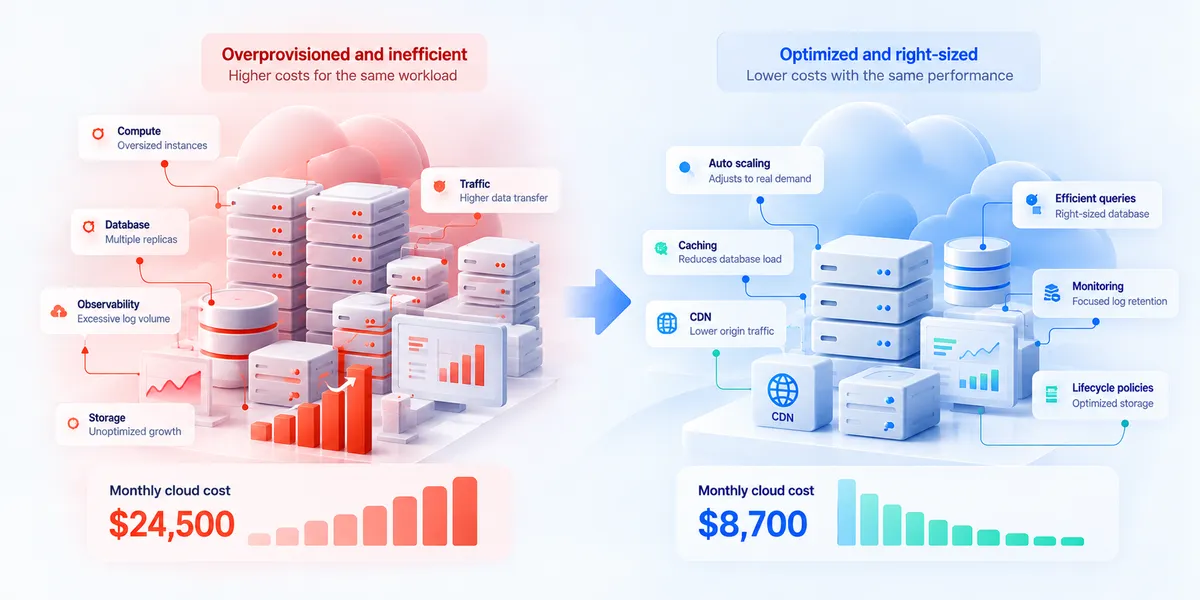 Comparison of overprovisioned and optimized high-load infrastructure showing how right-sizing, autoscaling, caching, CDN delivery, efficient database queries, monitoring, and storage optimization can reduce cloud costs without sacrificing performance.