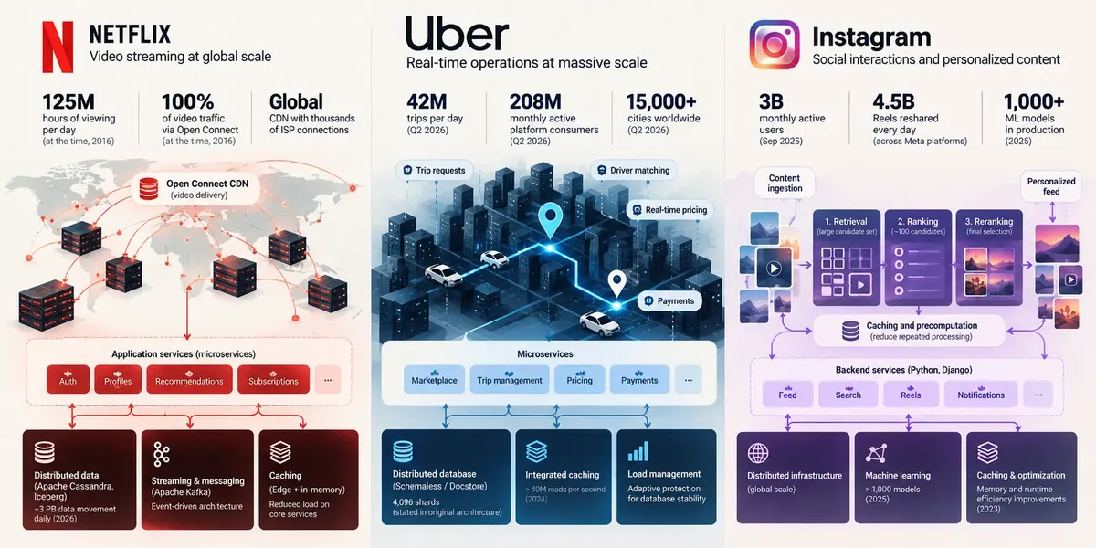 Comparison of Netflix, Uber, and Instagram high-load architectures showing Netflix Open Connect CDN, microservices and distributed data systems, Uber real-time services, 4,096 database shards and integrated caching serving over 40 million reads per second, and Instagram multi-stage recommendations, caching and infrastructure supporting more than 1,000 machine learning models.