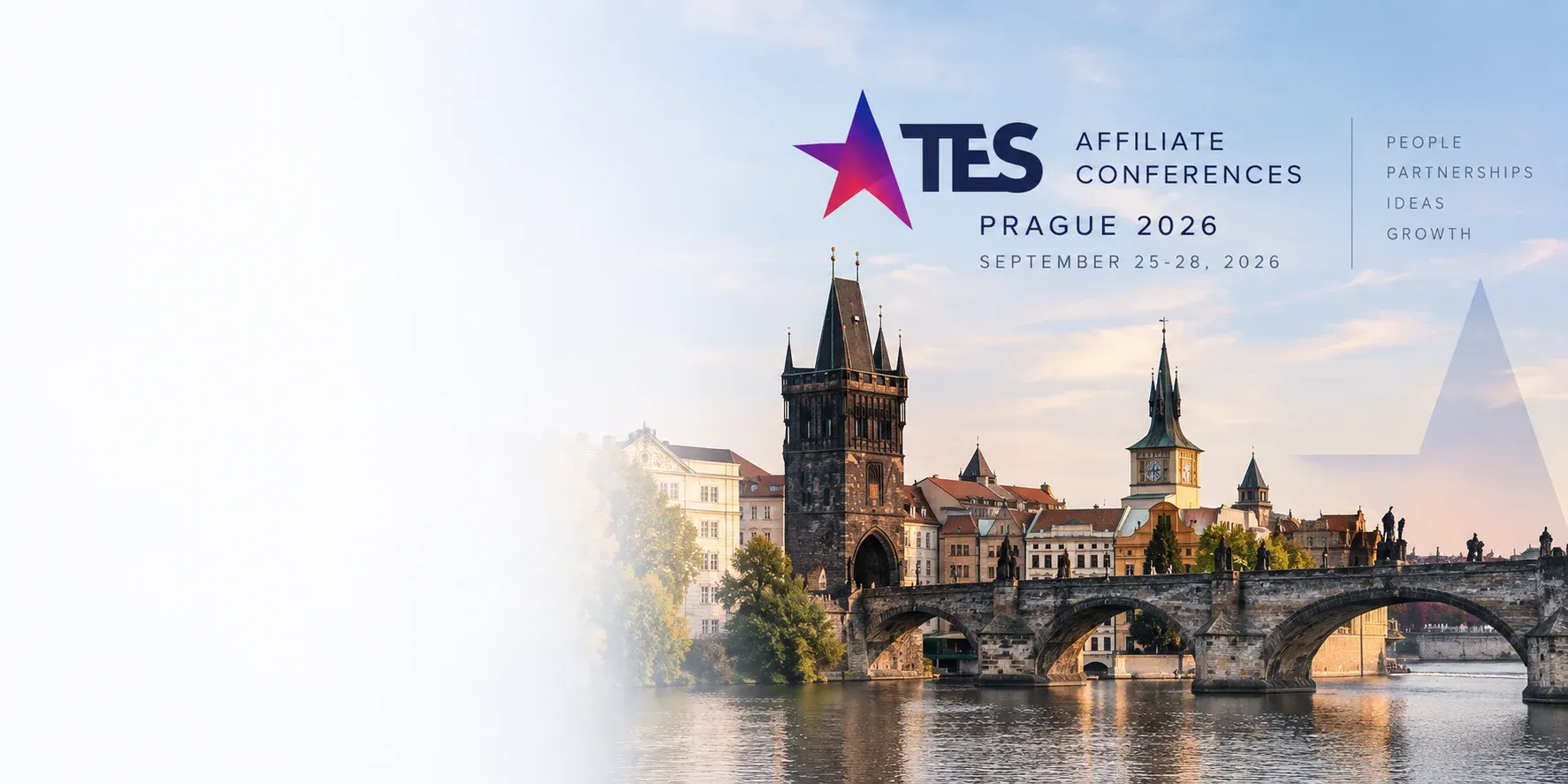 Panorama of Prague with historic bridge and towers at sunset. TES Affiliate Conferences logo, Prague 2026, September 25-28, details on growth and partnerships.