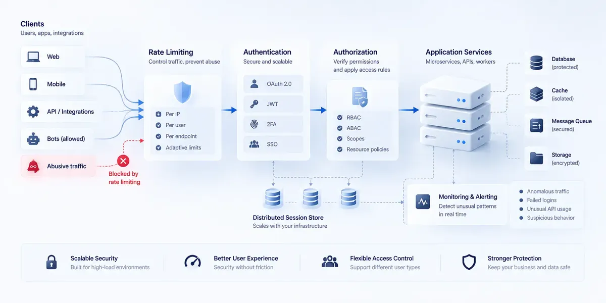Scalable authentication and authorization architecture for a high-load application showing rate limiting, identity verification, access control, distributed session storage, protected application services, and security monitoring.