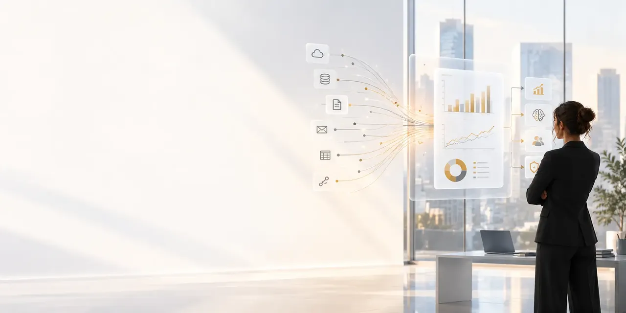 Woman in a suit analyzing holographic data screens in a modern office with city skyline view.