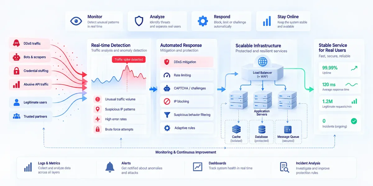 High-load security monitoring and incident response workflow showing real-time threat detection, automated DDoS mitigation and rate limiting, protected scalable infrastructure, and continuous monitoring to keep services available for legitimate users.