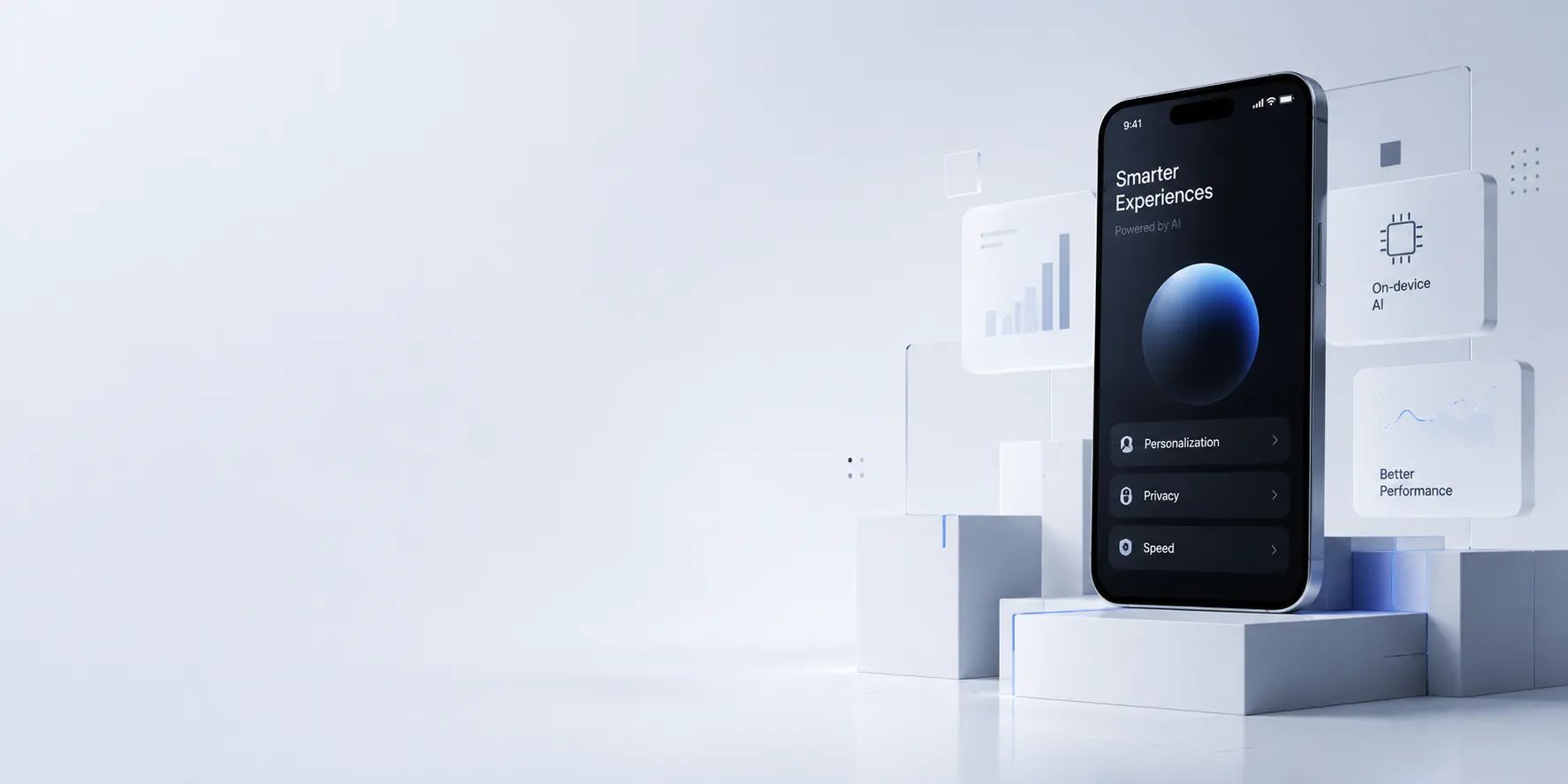 Smartphone displaying "Smarter Experiences" with options for Personalization, Privacy, and Speed. Surrounding icons suggest AI, better performance.