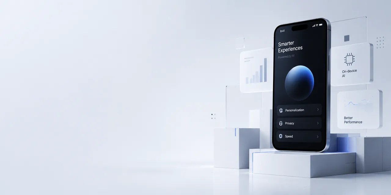 Smartphone displaying "Smarter Experiences" with options for Personalization, Privacy, and Speed. Surrounding icons suggest AI, better performance.