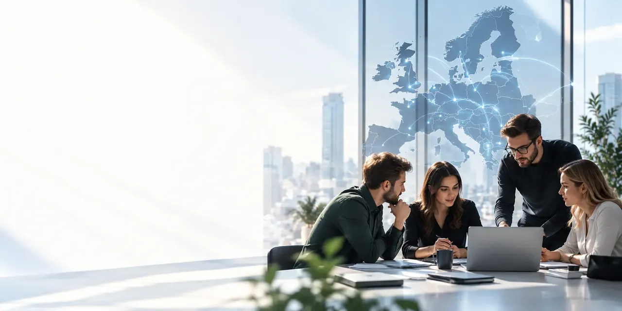 Four people collaborate around a laptop in a modern office, with a digital map of Europe projected on the window in the background.