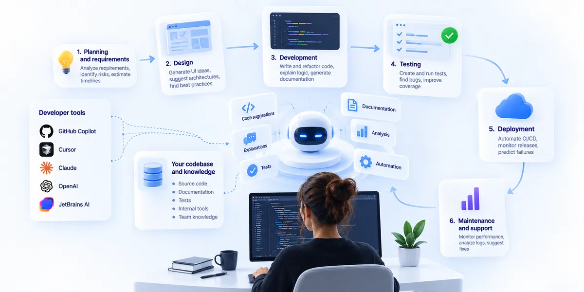 AI-assisted software development lifecycle showing how AI supports planning, design, development, testing, deployment, and maintenance using project context, code suggestions, documentation, analysis, testing, and workflow automation.