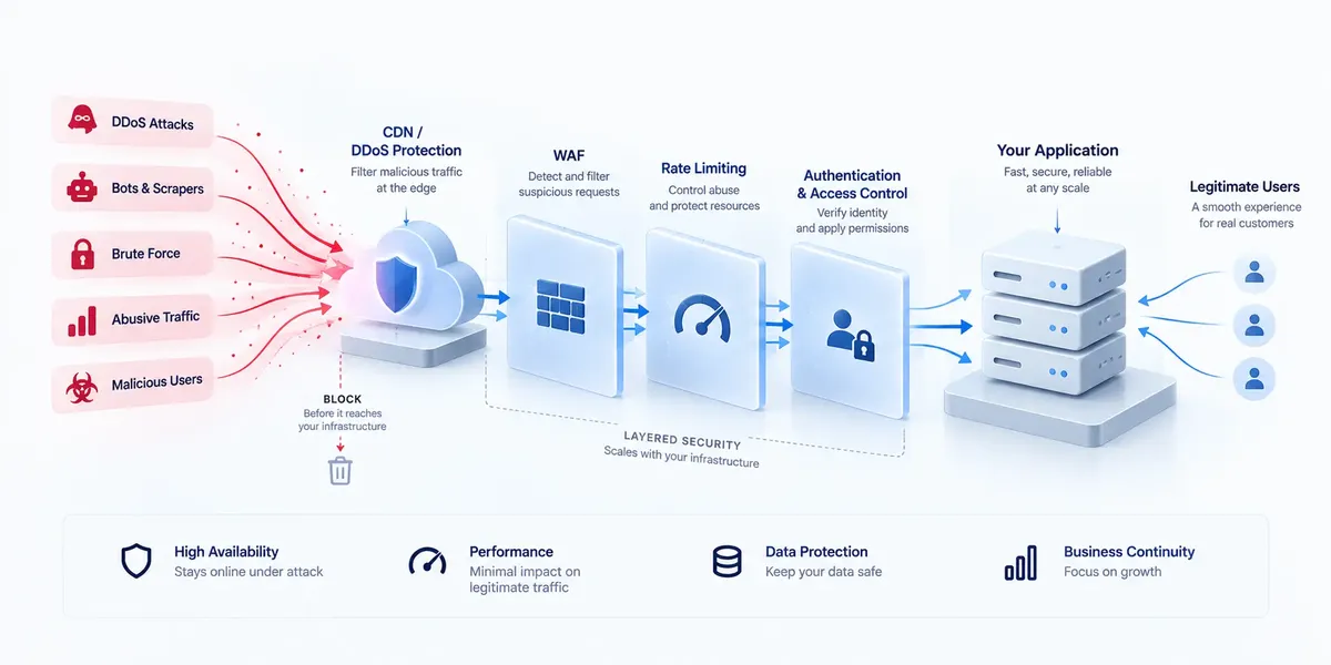 Layered security architecture for a high-load application showing DDoS protection, WAF filtering, rate limiting, authentication, and access control blocking malicious traffic before it reaches application infrastructure.
