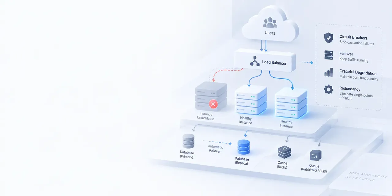 Fault-tolerant high-load system architecture showing redundant application instances, load balancing, automatic database failover, circuit breakers, graceful degradation, Redis caching, and message queues to maintain availability when individual components fail.