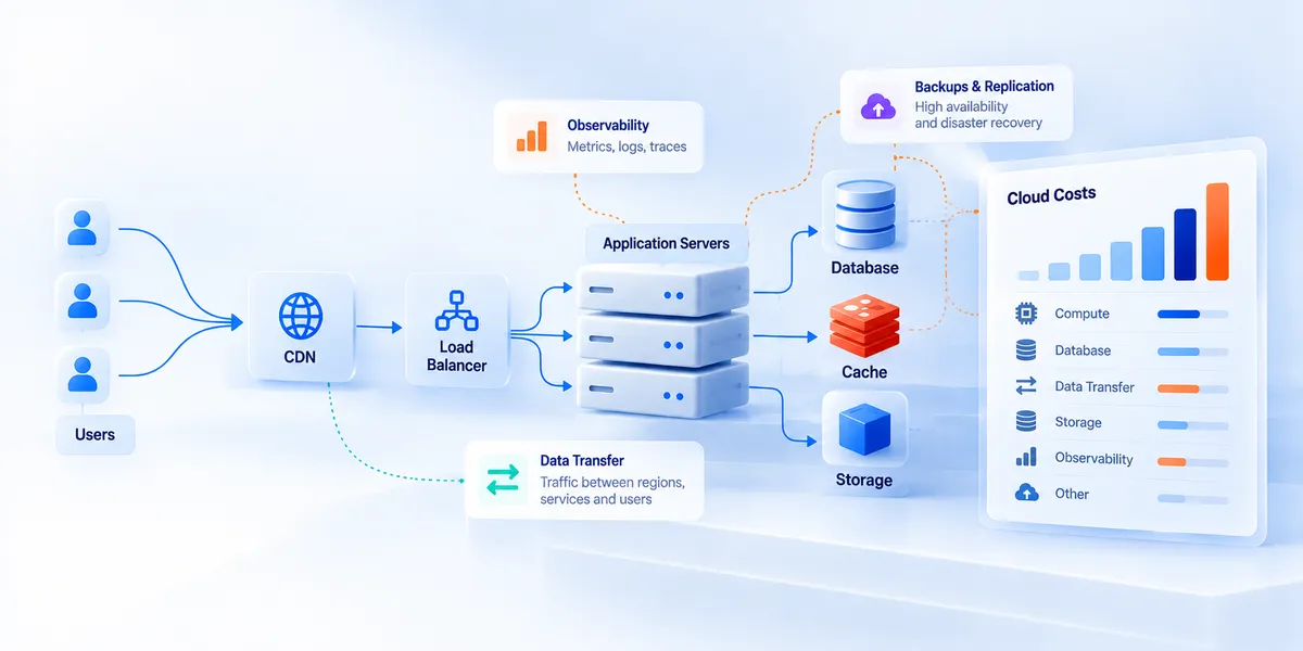 High-load cloud architecture showing how user traffic flows through a CDN, load balancer, application servers, database, cache, and storage while compute, data transfer, observability, backups, and replication contribute to growing infrastructure costs.