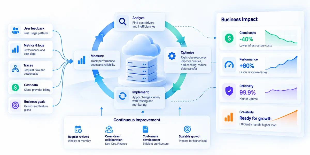 Continuous high-load infrastructure optimization cycle showing how performance metrics, logs, traces, cloud cost data, and business goals guide analysis, optimization, implementation, and measurement to balance cost, performance, reliability, and scalability.