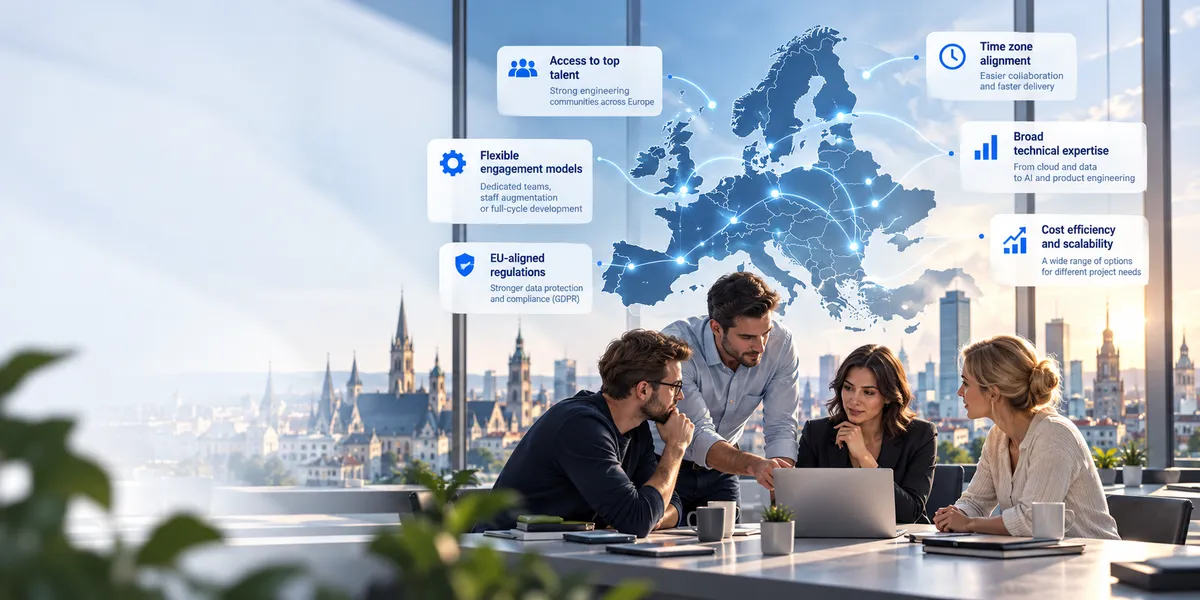 European IT outsourcing landscape showing distributed engineering talent, flexible engagement models, EU-aligned data protection, time zone compatibility, broad technical expertise, and scalable development teams connected across Europe.