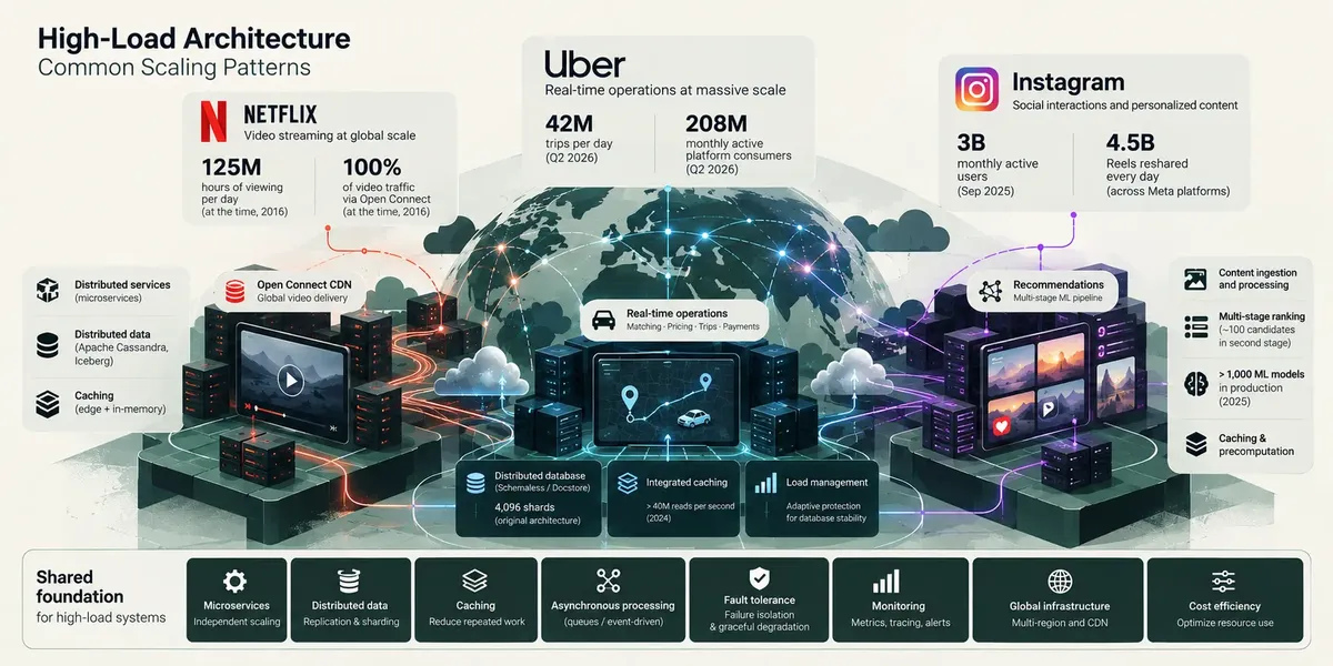High-load architecture diagram showing scaling patterns for Netflix, Uber, and Instagram with global operations, data management, and shared systems.