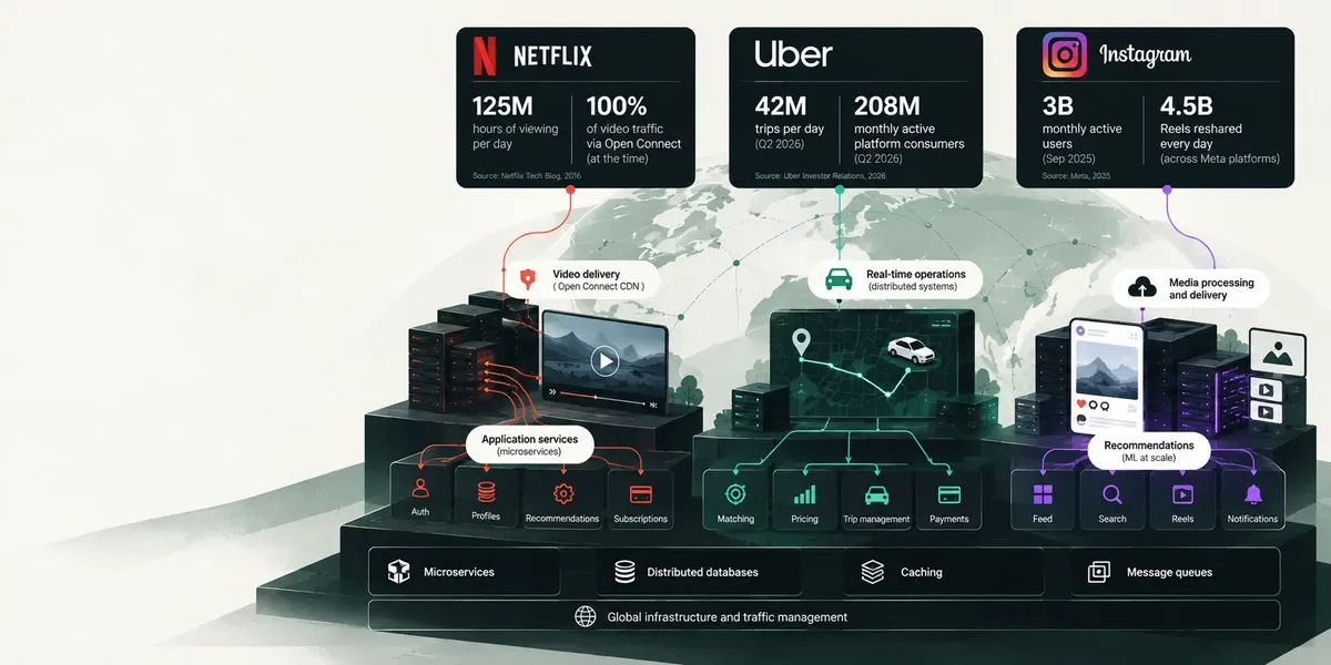 High-load system comparison of Netflix, Uber, and Instagram showing platform scale, dominant workloads, microservices, distributed databases, caching, message queues, global traffic management, video delivery, real-time operations, and recommendation infrastructure.