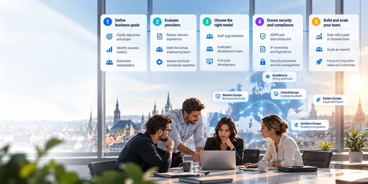 IT outsourcing partner selection framework showing how European companies can define business goals, evaluate software providers, choose between staff augmentation, dedicated teams and full-cycle development, verify security and compliance, and scale an engineering team across European technology hubs.