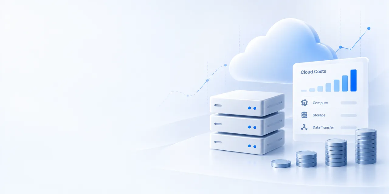 Stacked servers, a cloud icon, rising graph, and coins illustrate cloud computing costs, emphasizing compute, storage, and data transfer.