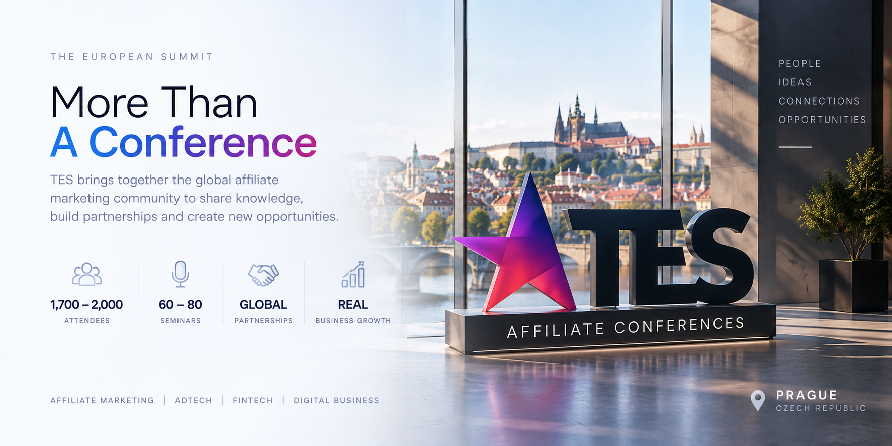 Advertisement for The European Summit, an affiliate conference in Prague, featuring people, ideas, connections, and opportunities in marketing.