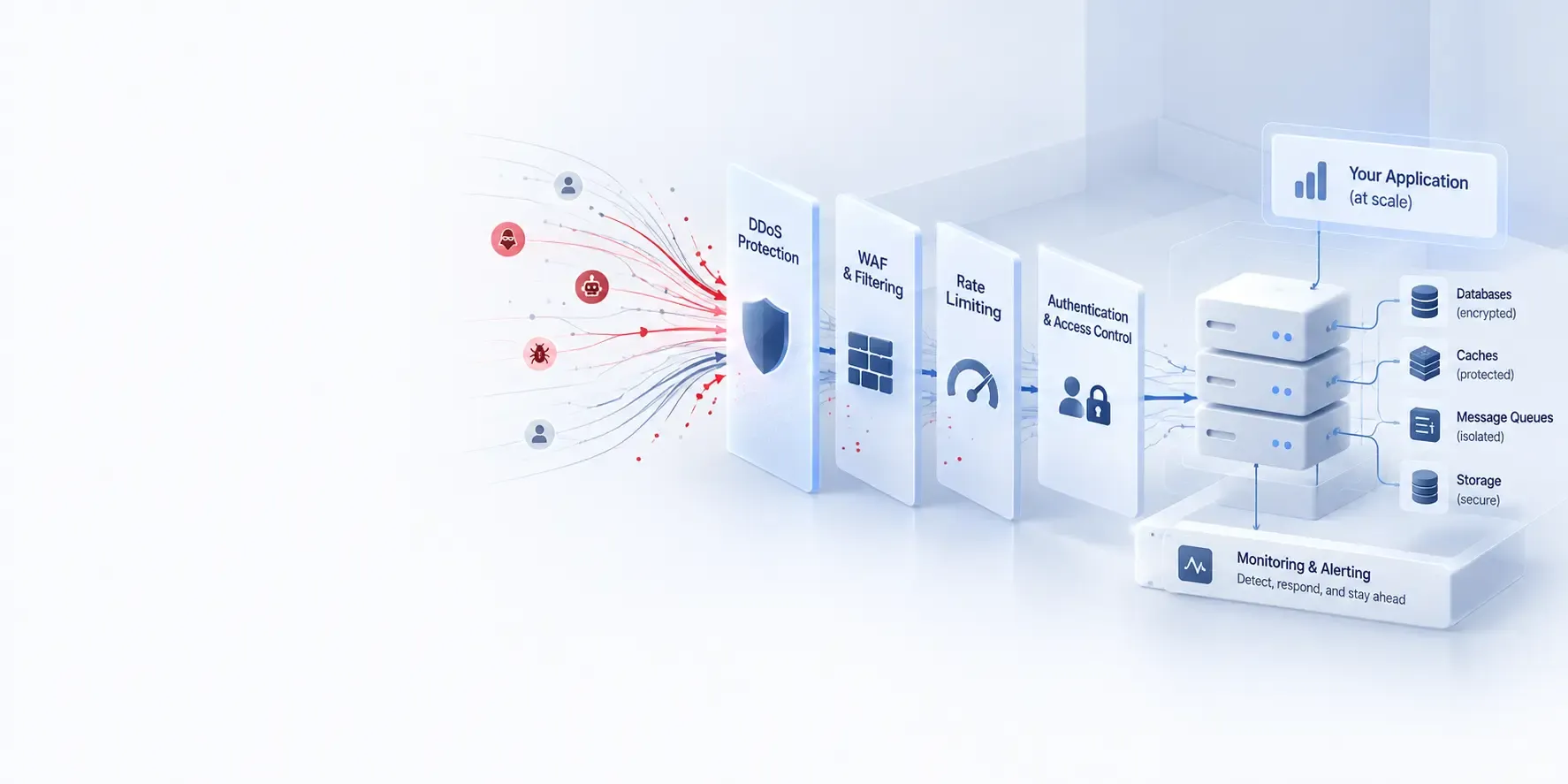 Illustration showing a cybersecurity system protecting an application, with layers for DDoS protection, WAF, rate limiting, and secure data storage.