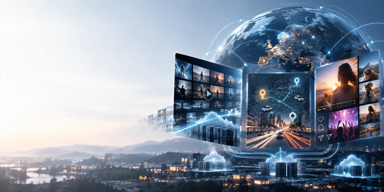 Digital network concept with glowing Earth, data servers, video screens, and GPS imagery above a cityscape at dusk.