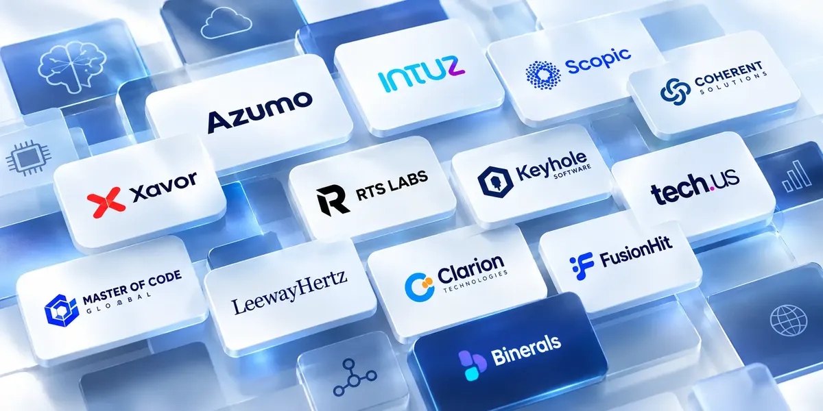 AI development companies in the USA, featuring Azumo, Intuz, Scopic, Coherent Solutions, Xavor, RTS Labs, Keyhole Software, Tech.us, Master of Code Global, LeewayHertz, Clarion Technologies, FusionHit, and Binerals.