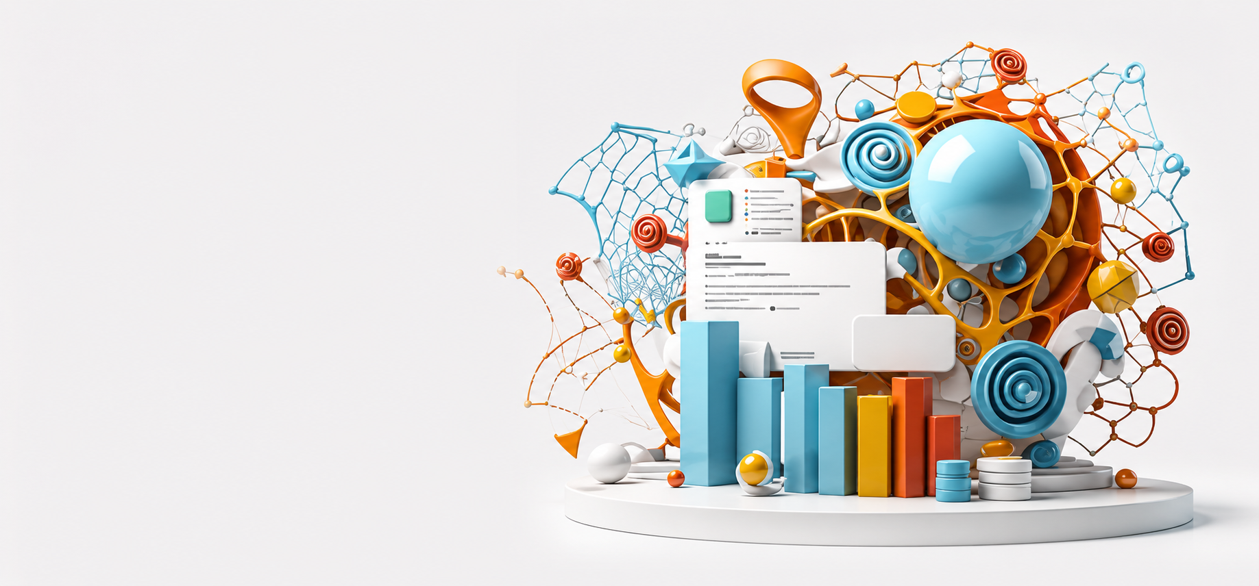 High-resolution 3D illustration showing a cluster of data and analytics elements on the right side, including colorful bar charts, documents, database icons, and abstract network structures interconnected in a dynamic composition, set against a clean light background with ample empty space on the left for layout or title placement.