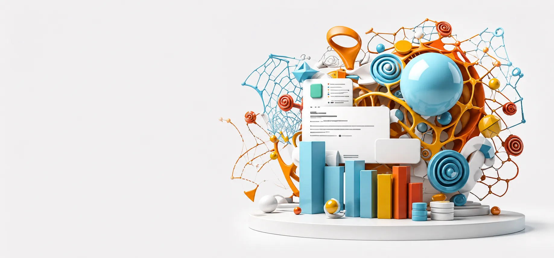 High-resolution 3D illustration showing a cluster of data and analytics elements on the right side, including colorful bar charts, documents, database icons, and abstract network structures interconnected in a dynamic composition, set against a clean light background with ample empty space on the left for layout or title placement.