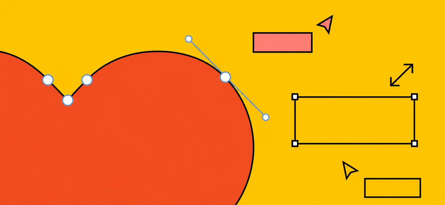Minimalist flat vector illustration of a graphic design workspace featuring a large red organic shape with visible Bezier curve anchor points and control handles on a bright yellow background. Abstract UI elements, selection boxes, resize handles, cursors, and geometric shapes emphasize vector editing, logo creation, and digital design workflows.