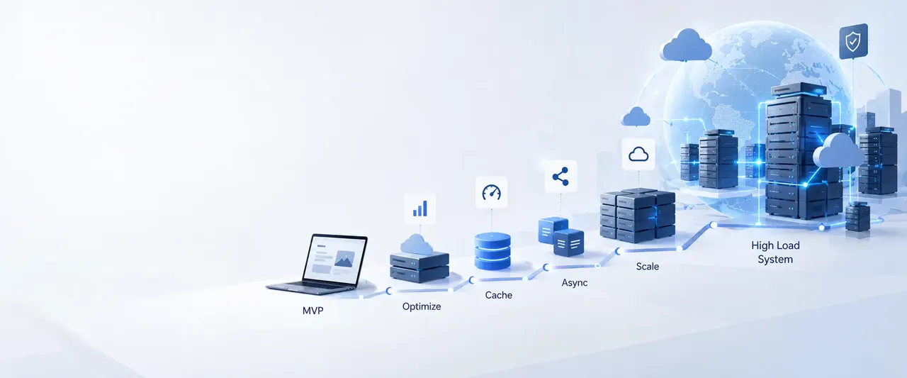 Scalable high load system development roadmap showing the evolution from an MVP through optimization, caching, asynchronous processing, and horizontal scaling to a distributed cloud infrastructure designed for high traffic and growing workloads.