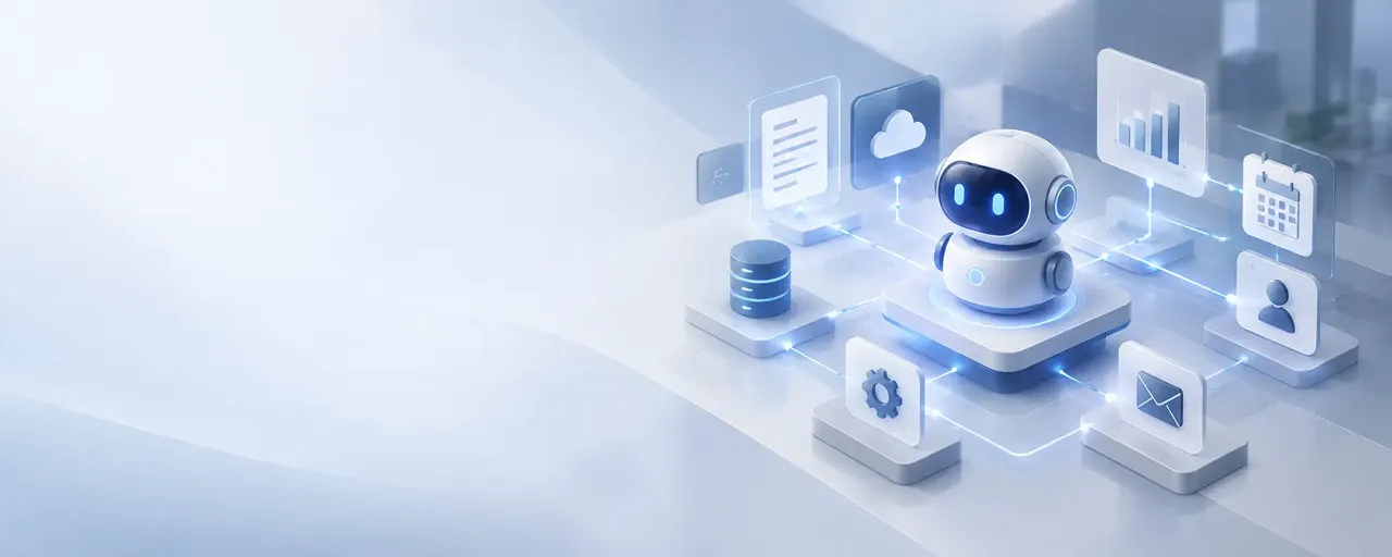 A futuristic robot surrounded by floating digital icons like data, cloud, graphs, and email, symbolizing advanced technology and connectivity.