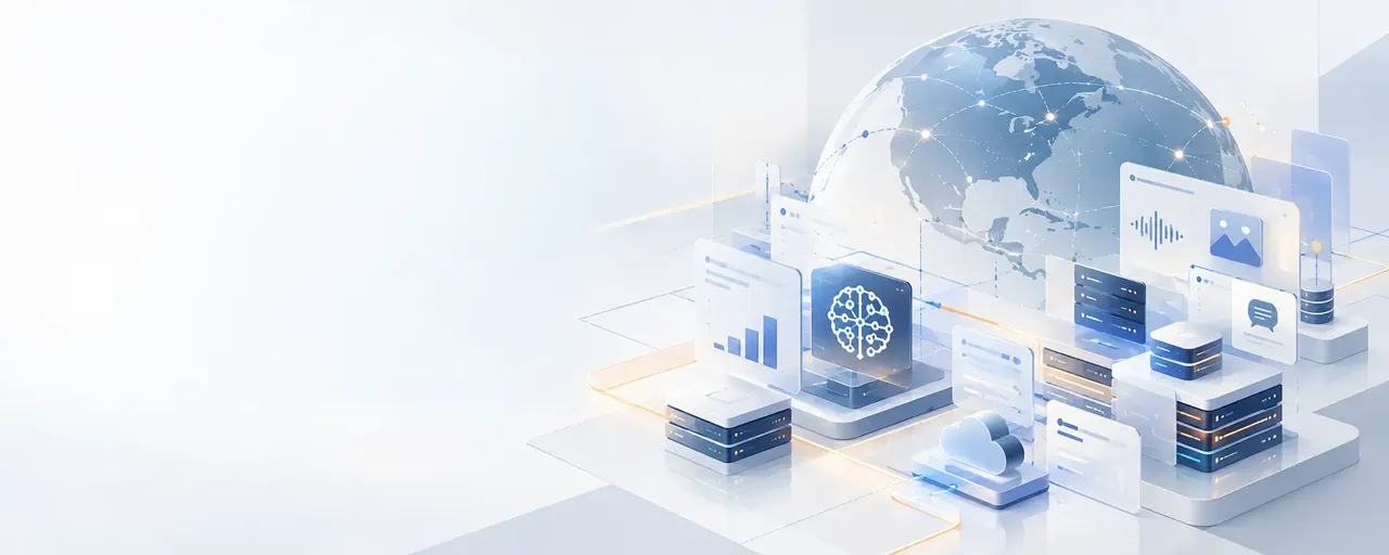 AI development infrastructure with connected cloud services, data systems, analytics dashboards, and artificial intelligence applications representing scalable enterprise AI development.