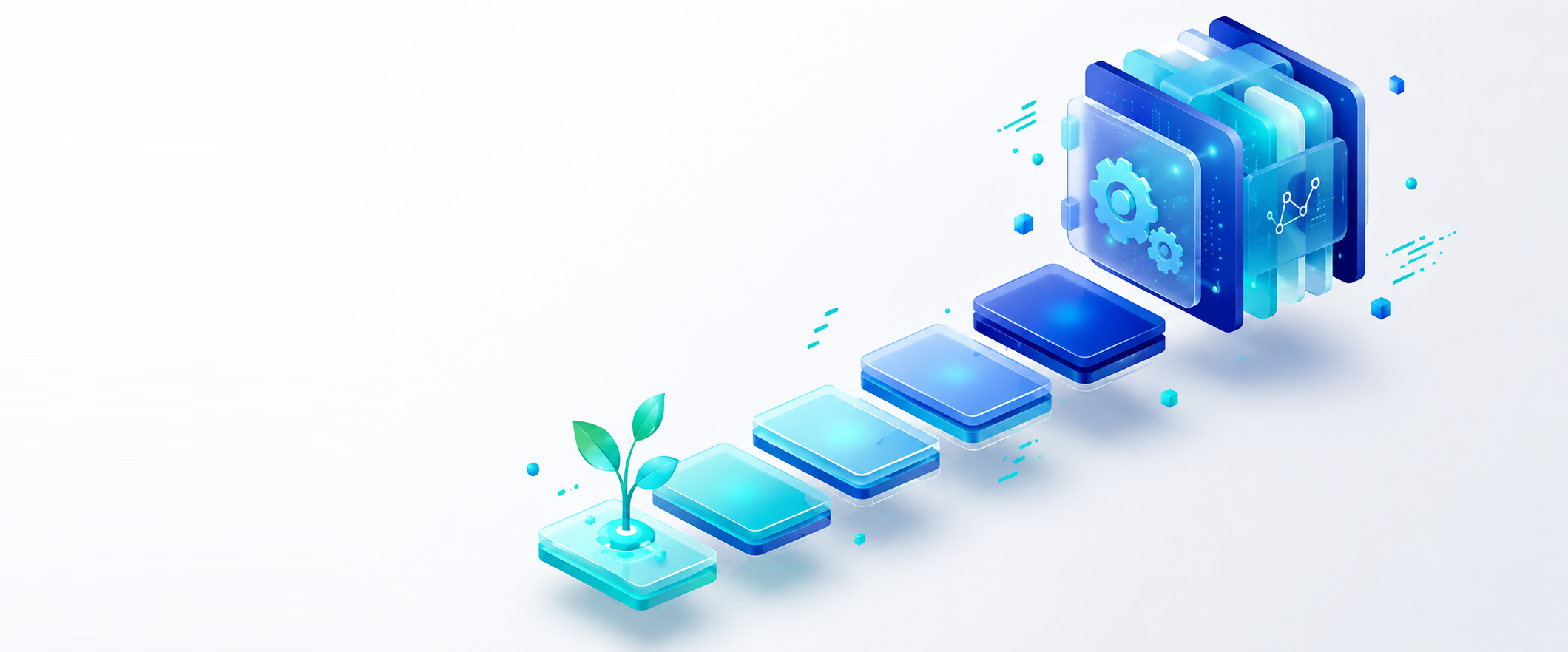Abstract enterprise-style illustration showing a sequence of layered platform blocks transitioning into a complex digital system, with a small growing plant at the starting point symbolizing idea validation and early-stage planning, and semi-transparent panels with gears and analytics icons representing structured discovery, product development, and system design progression.