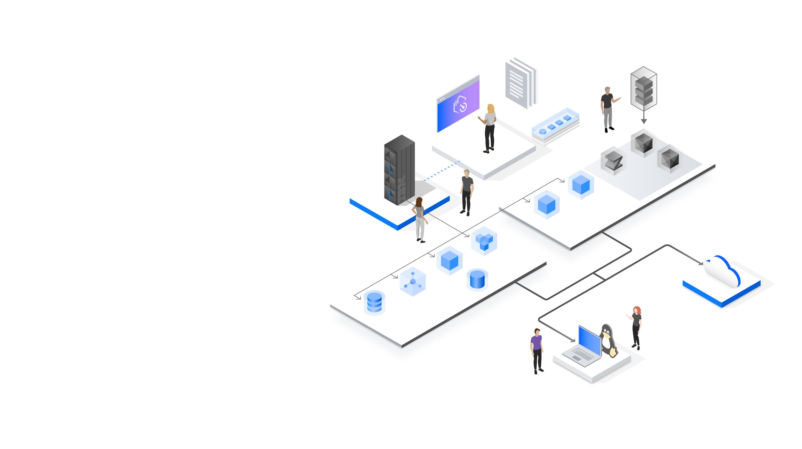 Illustration of a digital workspace with abstract figures interacting with servers, a computer, and cloud technology.