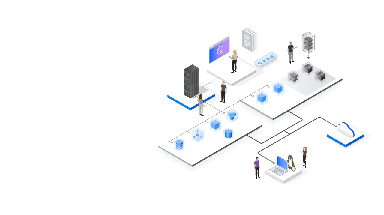Illustration of a digital workspace with abstract figures interacting with servers, a computer, and cloud technology.