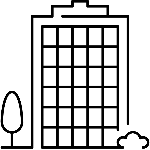 Silhouette of a city skyline with tall buildings, including a grid-patterned office tower, against a white background.