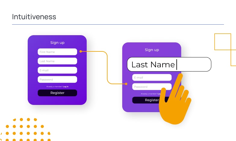 Two signup forms with purple backgrounds; a hand points to the "Last Name" field, emphasizing intuitiveness in design.