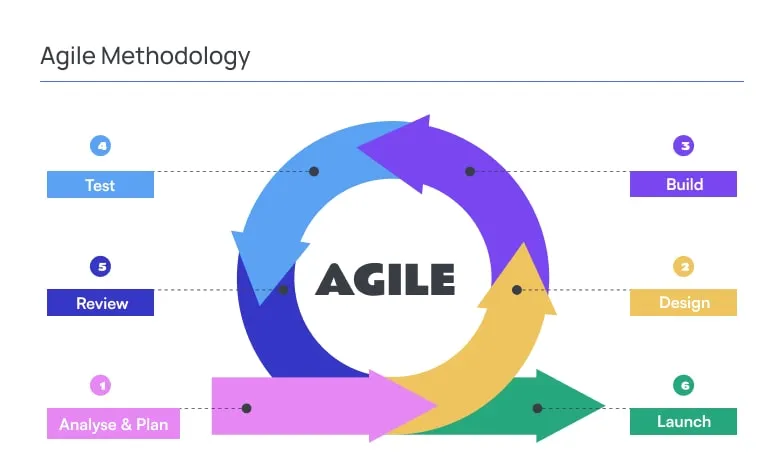 Infographic illustrating the Agile development lifecycle as a continuous loop, showing iterative stages including Analyse and Plan, Design, Build, Test, Review, and Launch, connected in a circular workflow to represent ongoing improvement and delivery cycles.