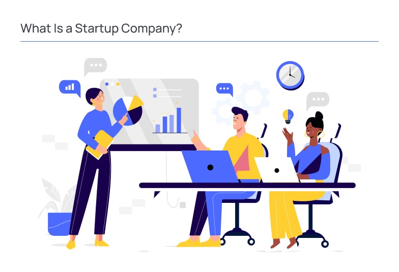 Illustration of a startup team collaborating around a workspace, reviewing business metrics and growth charts on a presentation board, symbolizing entrepreneurship, innovation, product development, and early-stage business strategy.