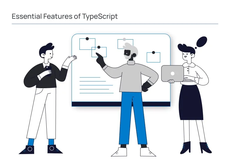 Illustration of a development team discussing TypeScript features around a collaborative planning board, with workflow diagrams and a laptop symbolizing code organization, type safety, and software development best practices.