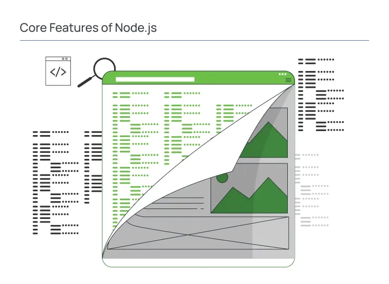 Illustration representing the core features of Node.js, showing a code editor interface, application dashboard, and data visualization elements surrounded by code snippets, symbolizing server-side JavaScript development, scalability, and high-performance backend applications.