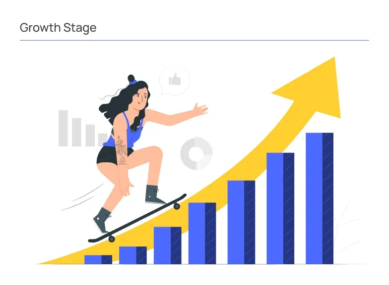 Illustration of a startup in the growth stage, featuring an upward-trending bar chart and rising arrow, symbolizing business expansion, increasing revenue, user acquisition, market traction, and scalable growth.