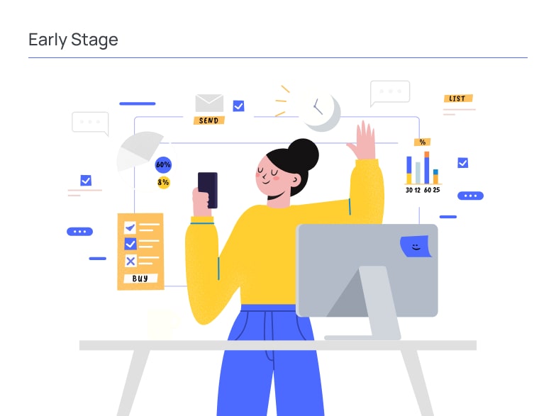 Illustration representing the early stage of a startup, featuring a founder managing tasks, communications, and performance metrics while validating ideas, organizing workflows, and building the foundation for future business growth.