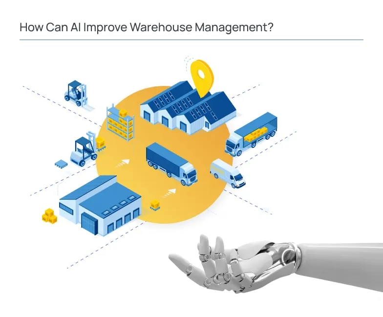 Infographic titled “How Can AI Improve Warehouse Management?” illustrating a warehouse ecosystem with multiple logistics elements coordinated around a central facility. The scene includes delivery trucks, forklifts, storage racks, and distribution buildings connected through directional paths, representing optimized logistics flows. A robotic hand in the foreground symbolizes AI-driven automation and control over operations. A location marker above the main warehouse indicates tracking and real-time monitoring capabilities. The composition conveys how artificial intelligence enhances routing, inventory management, and operational efficiency across the supply chain.