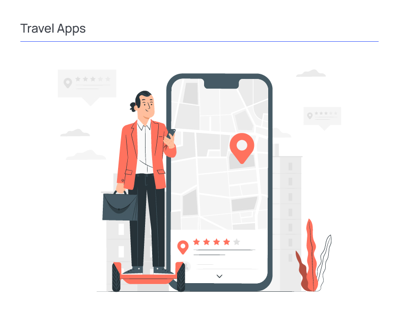Illustration titled “Travel Apps” depicting a user interacting with a mobile application that displays a map interface with a location pin and rating elements. The central smartphone screen shows navigation and destination tracking, while the person stands beside it holding a phone, representing real-time travel planning and decision-making. Additional UI elements such as ratings and markers indicate features like reviews, location discovery, and route selection. The composition reflects modern travel applications that combine geolocation, user feedback, and mobile accessibility for seamless trip management.