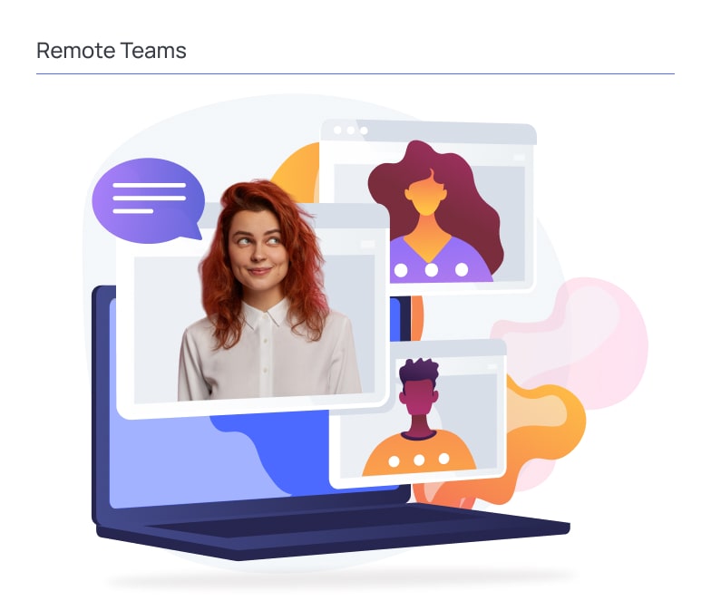 Illustration titled “Remote Teams” showing a laptop with multiple overlapping video call windows, representing distributed collaboration. One central participant is displayed in a realistic portrait, while other participants appear as stylized avatars in separate frames. A speech bubble indicates active communication, emphasizing real-time interaction. The composition highlights remote teamwork, virtual meetings, and cross-location collaboration enabled by digital tools, reflecting modern distributed work environments.