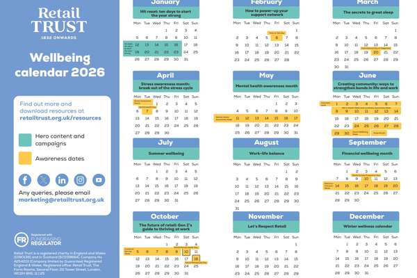 Retail Trust 2026 wellbeing calendar showing monthly themes like stress awareness, mental health, and financial wellbeing, with highlighted dates.
