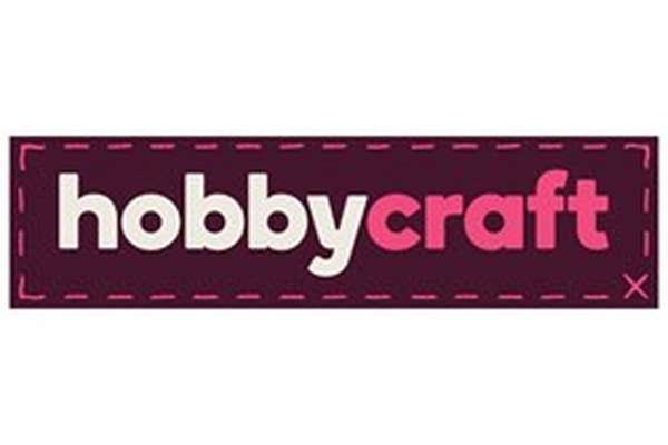 Hobbycraft logo with "hobby" in white and "craft" in pink on a dark purple rectangle with a pink dashed border.