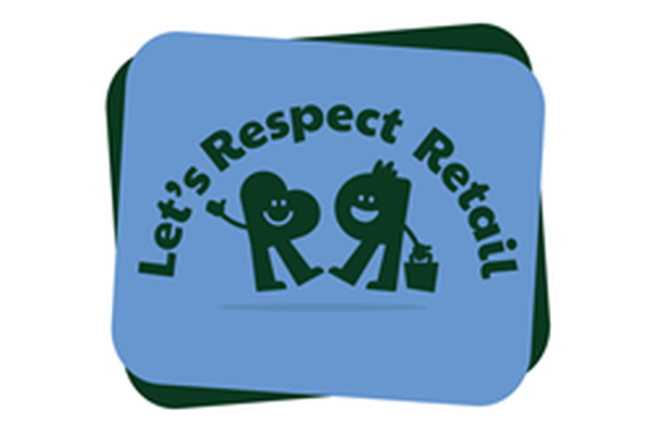 "Let's Respect Retail" campaign logo: Two green cartoon 'R' characters, one waving and one holding a shopping bag, on a blue background.