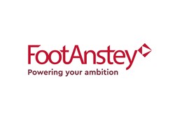 Logo of Foot Anstey with the slogan "Powering your ambition" in red text, featuring a red geometric design.