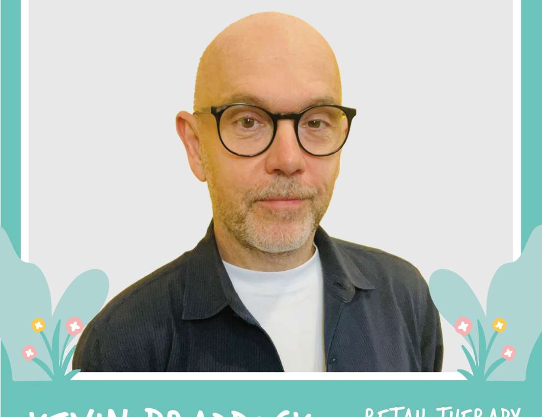 Bald man with glasses in a collared shirt, framed with floral graphics. Text: "Kevin Braddock, Retail Therapy Podcast."