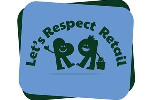 "Let's Respect Retail" logo: Two smiling green 'R' characters, one waving, one with a shopping bag, on blue and green rounded squares.