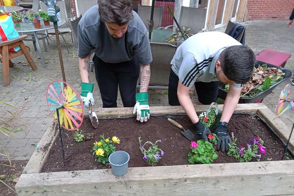 Two men wearing gardening gloves plant colorful flowers in a raised wooden bed, using a trowel and their hands.